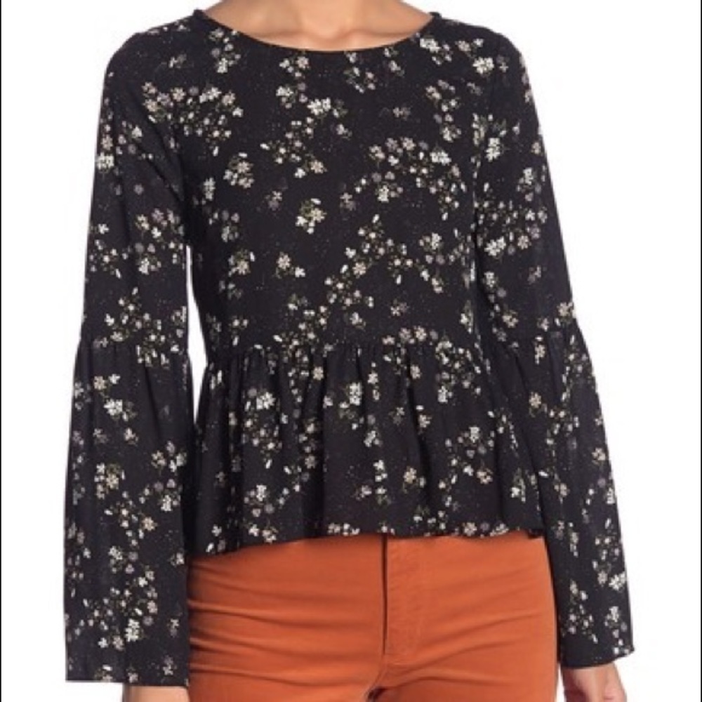 Cupcakes & Cashmere Josephina Floral Print Top Black Peplum  Blouse Medium NWT
